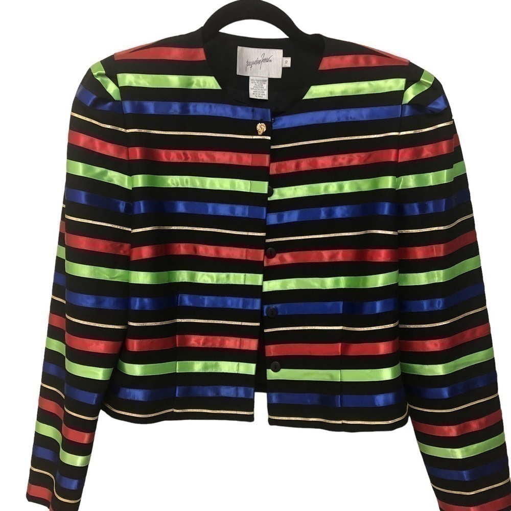 VTG 80s Jacqueline Ferrar Holiday‎ Ready  Dressy Striped Cropped Jacket Med 10